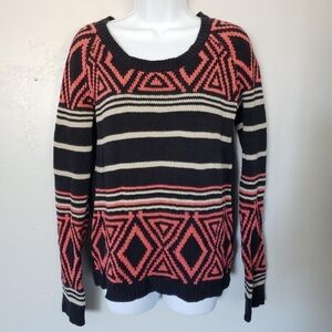 Volcom XS Machu Peaches Sweater Black Coral Ivory Triangle Stripes Pullover Top